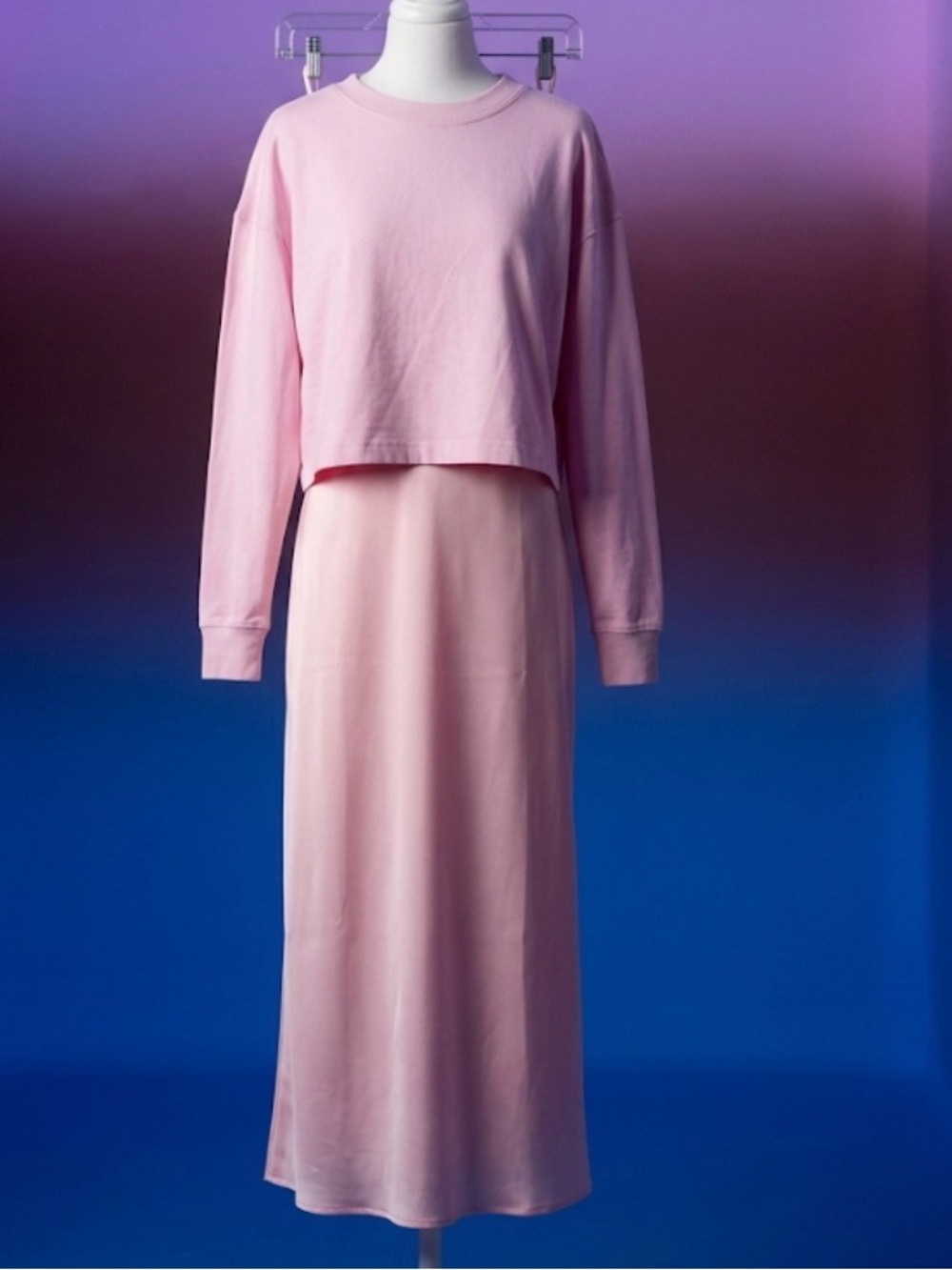Point Pink 2-Piece Set Slip Dress + Long Sleeve Crop Top